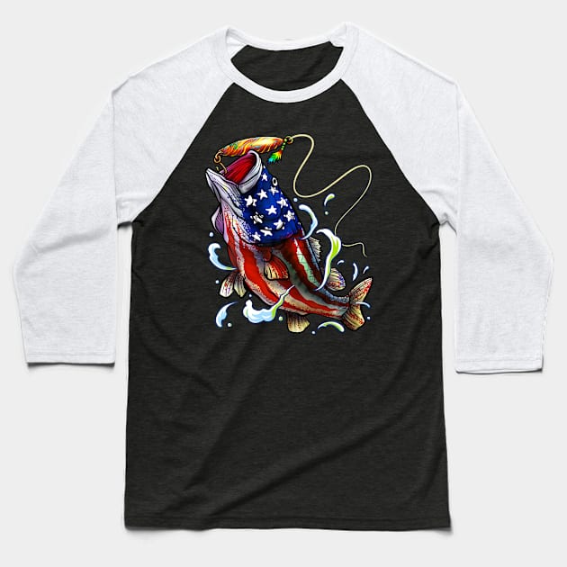 Bass Fishing Fish American Flag Dad Father Fourth Of July Baseball T-Shirt by Danielss